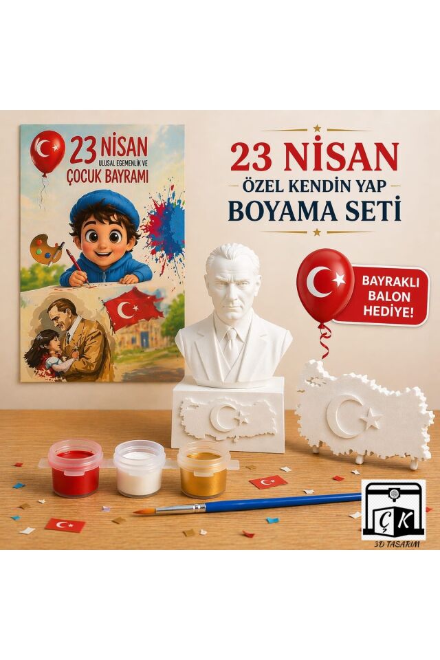 23 NİSAN ATATÜRK BÜST VE TÜRK BAYRAKLI 3D BOYAMA SETİ-BAYRAK BALON HEDİYELİ