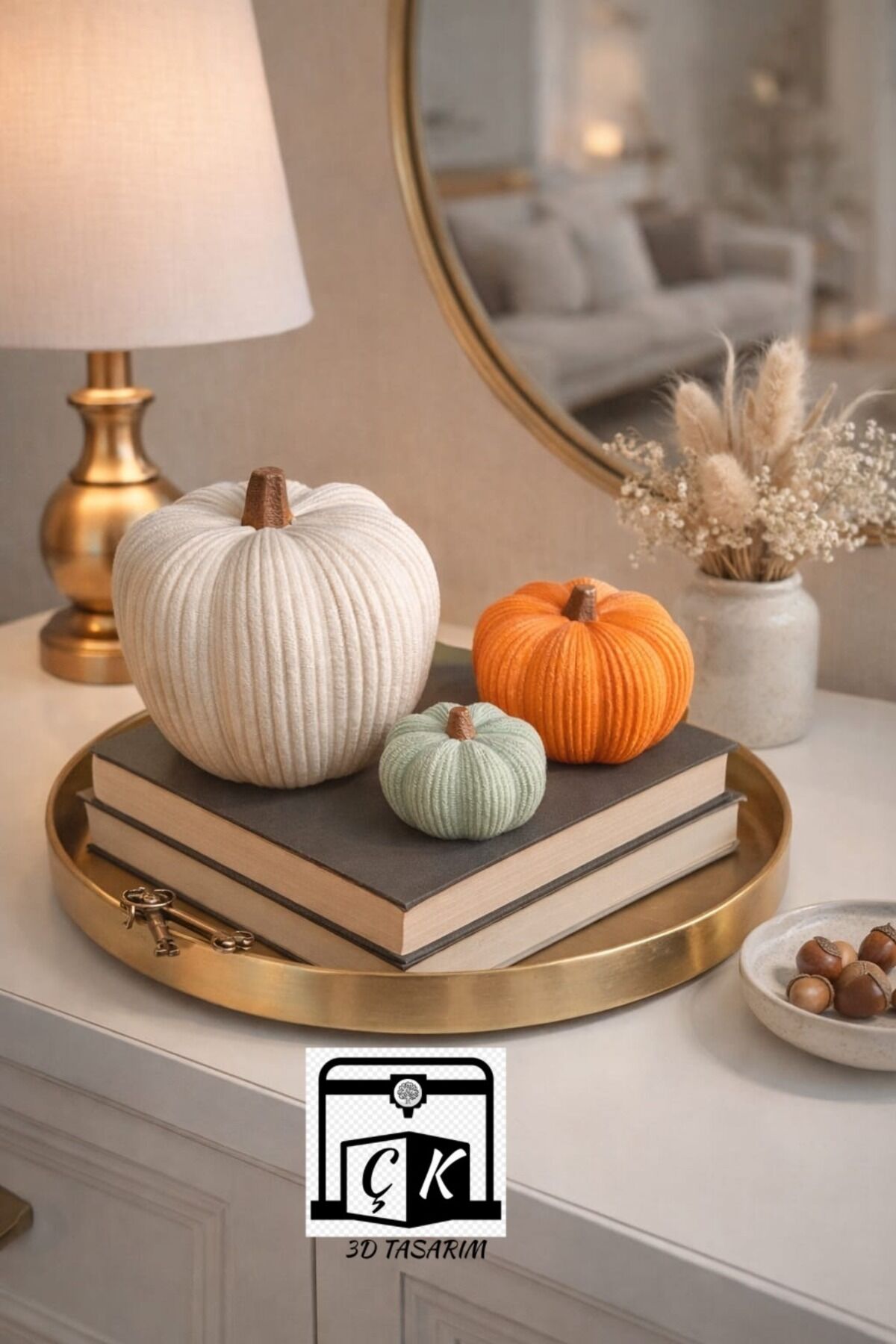 Sonbahar Temalı Balkabağı Biblo Seti, 3lü Dekoratif Bal Kabağı Dekor Süs 10cm-7cm-4cm
